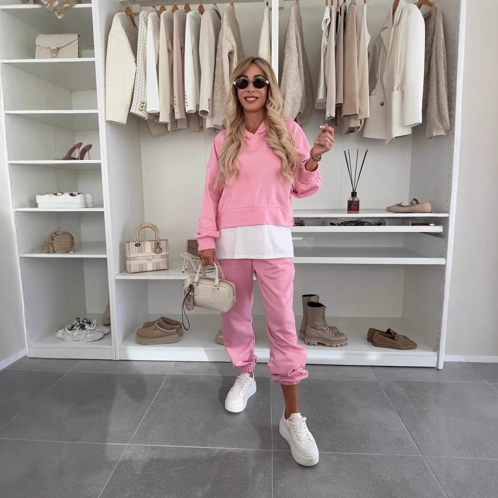 Spring And Autumn Women's Hooded Fashion Solid Color Casual Suit