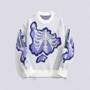 Personality Street Trend Dark Style Skeleton Jacquard Round Neck Pullover Knitted Sweater