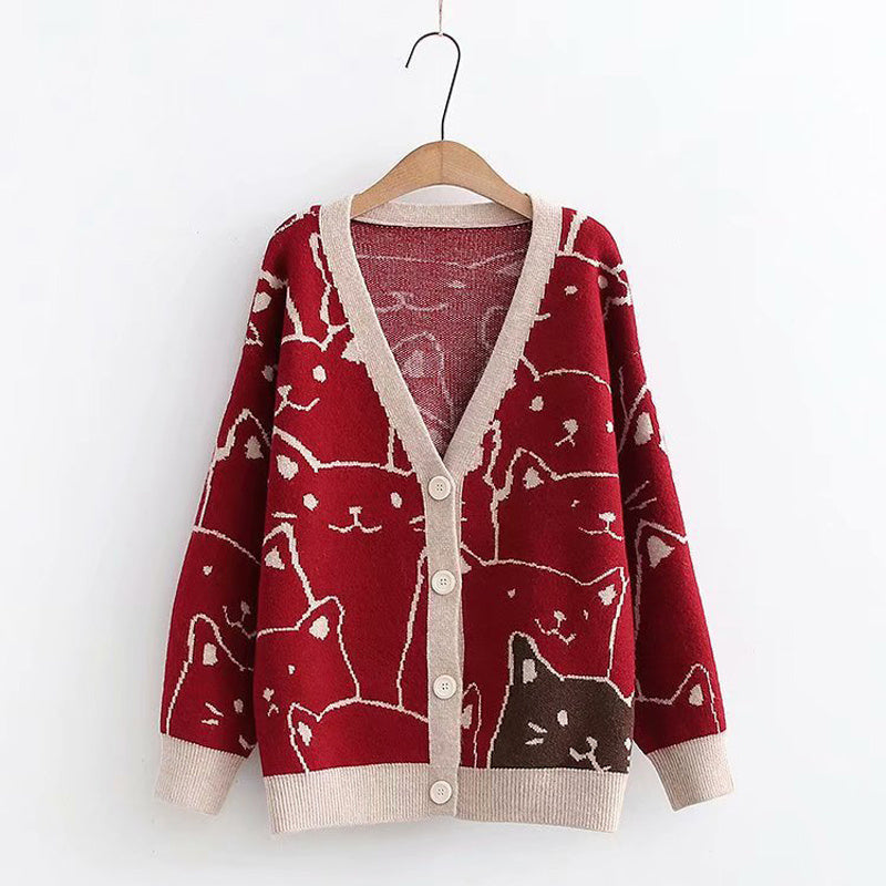 Sweet Outer Wear Knitted Jacquard Full-body Cartoon Cat Single-breasted Cardigan Sweater