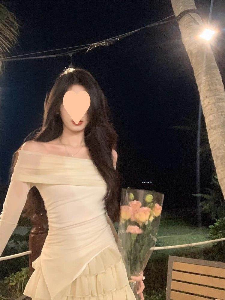 Shoulder Off-the-shoulder Slim Top Tiered Skirt Suit