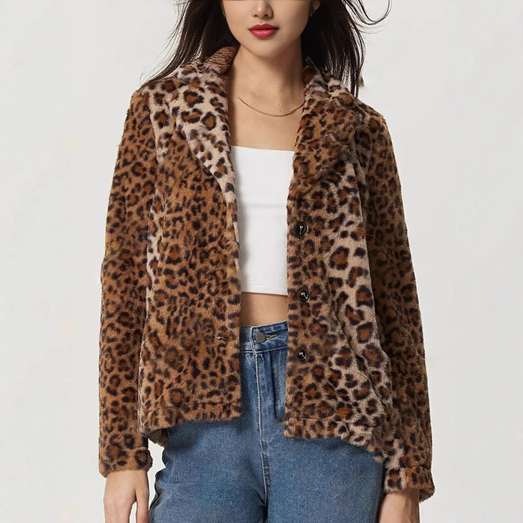 Women's Buckle Lapel Thickening Leopard Print Coat