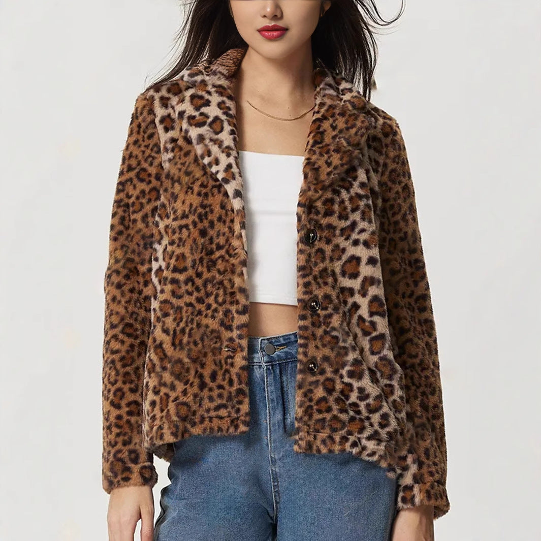 Women's Buckle Lapel Thickening Leopard Print Coat