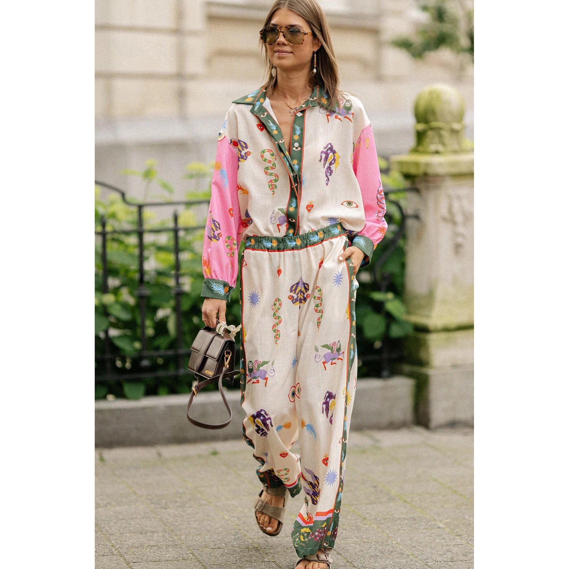 Long Sleeve Pocket Abstract Printing Loose Casual Two-piece Suit Women