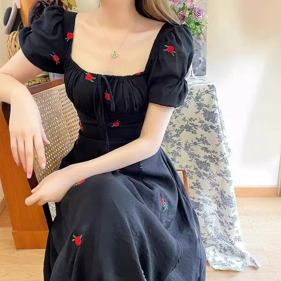 Mori Style French Dress Stunning Black Square Collar Floral Dress