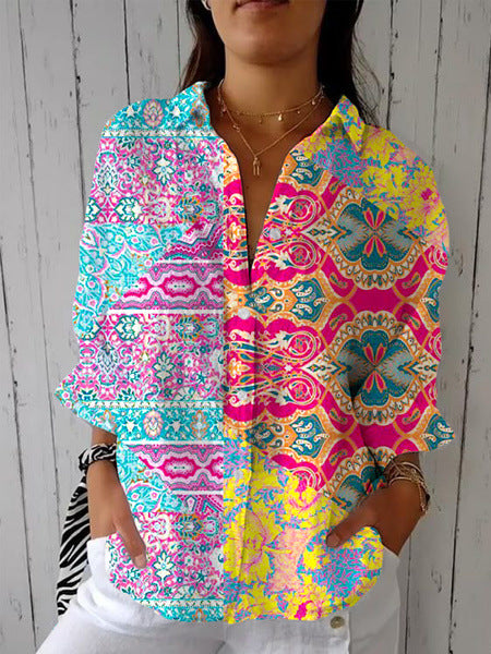 Women's Creative Fashion 3D Printing Lapel Casual Shirt