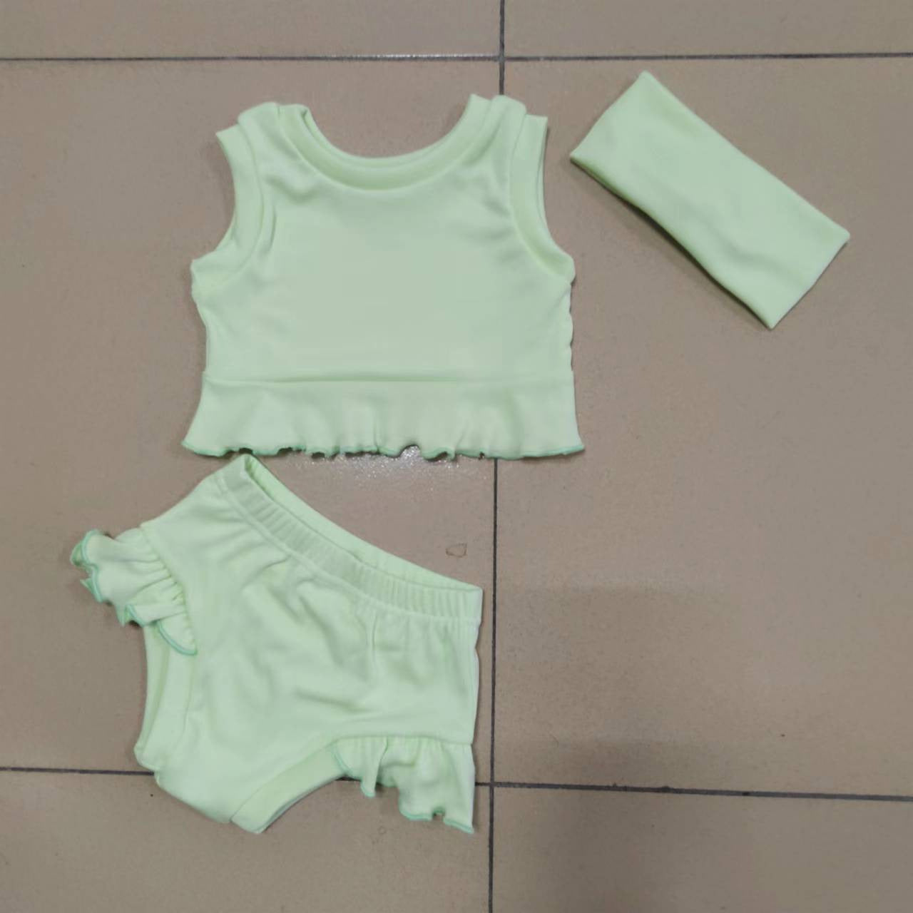 Infant Simple Summer Top And Bottom Headscarf Three-piece Set