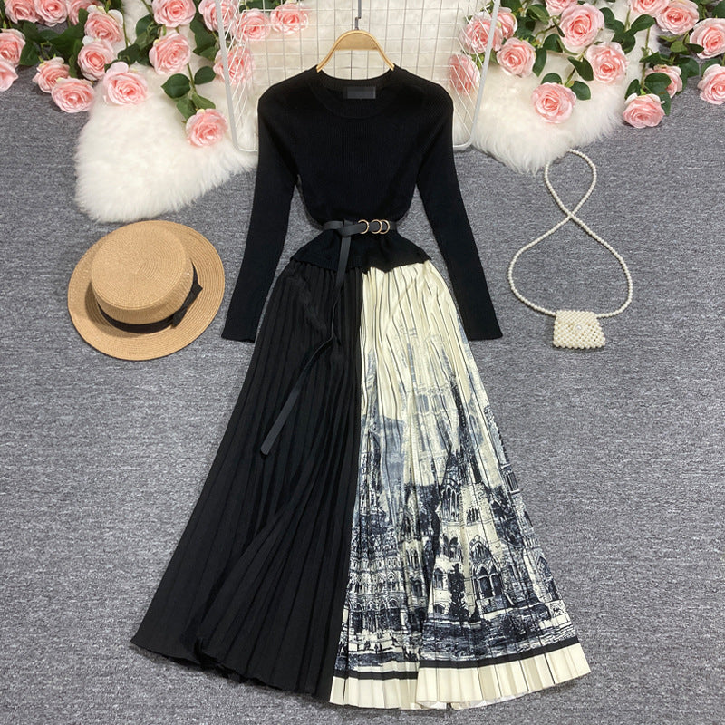 Long Sleeve Patchwork Pleated Skirt