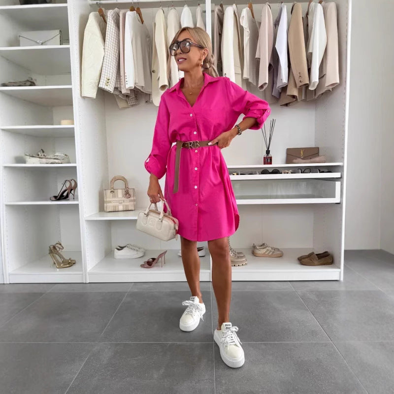 Summer Fashion All-matching Shirt With Belt Casual Midi Dress