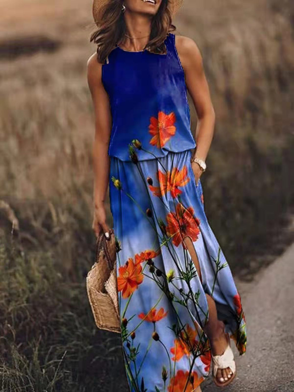 Sleeveless Printed Sling Long Women's Loose Split Dress