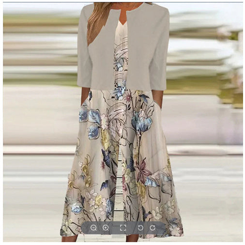 Ethnic Style Elegant Floral Print Vest Dress Cardigan Two-piece Set