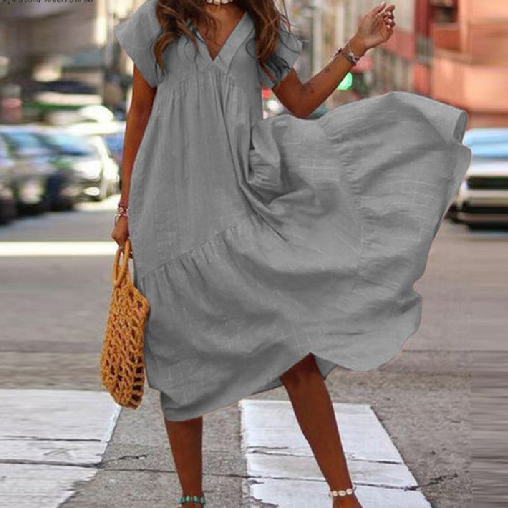 Plus Size Multicolor Cotton Linen Loose V-neck Women's Dress