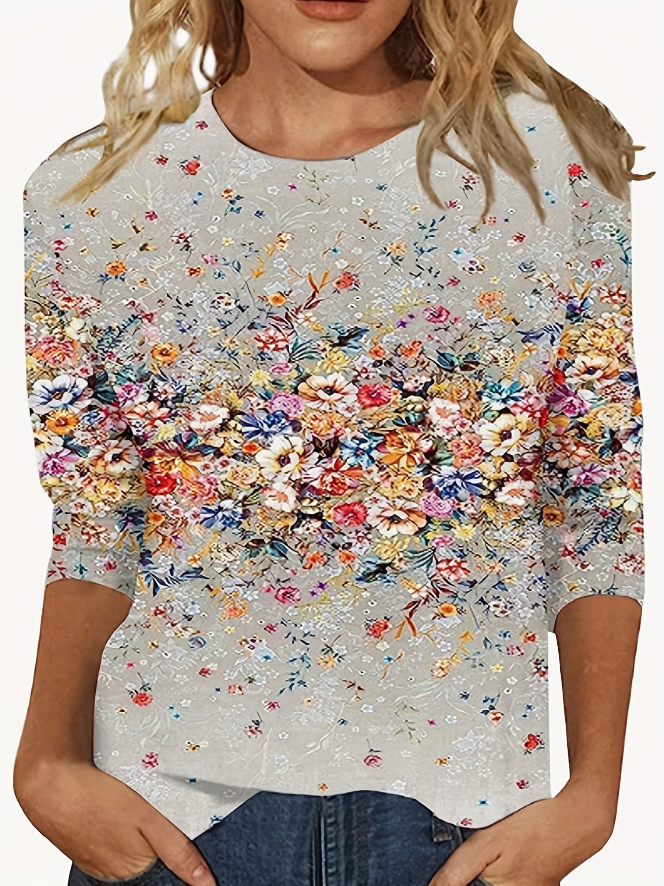 European And American Flower Plant Printed Round Neck Long Sleeve