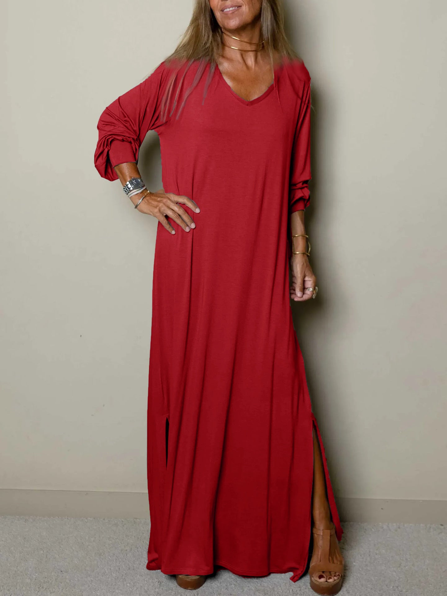 Cross-border Amazon Hot Sale Ladies Casual Robe Plain Long Sleeve Split Dress