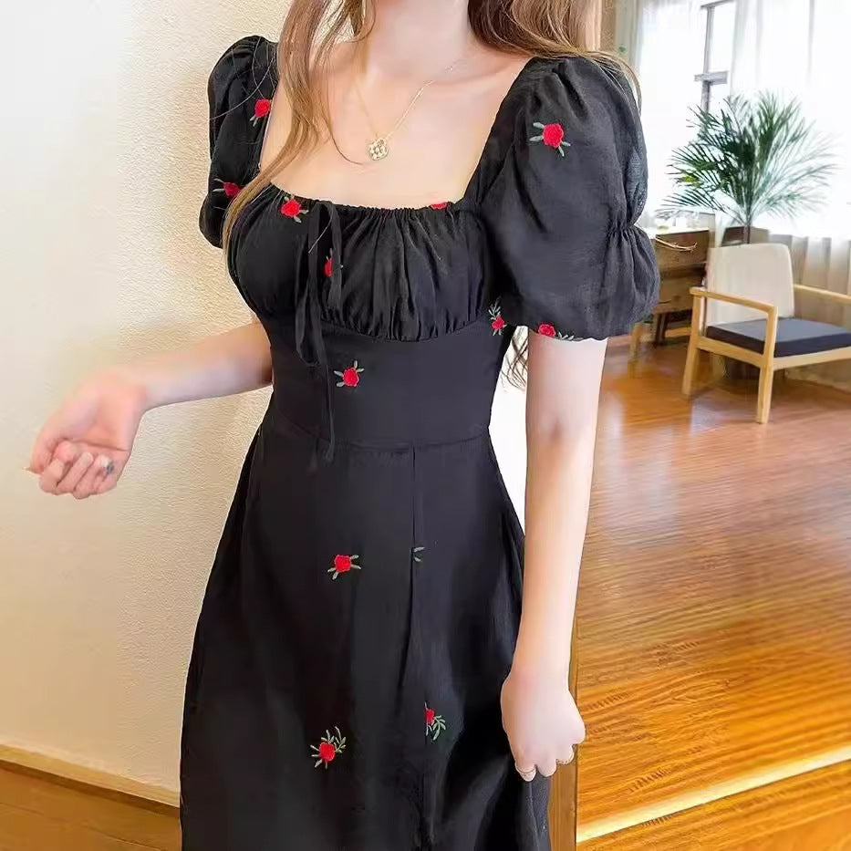 Mori Style French Dress Stunning Black Square Collar Floral Dress