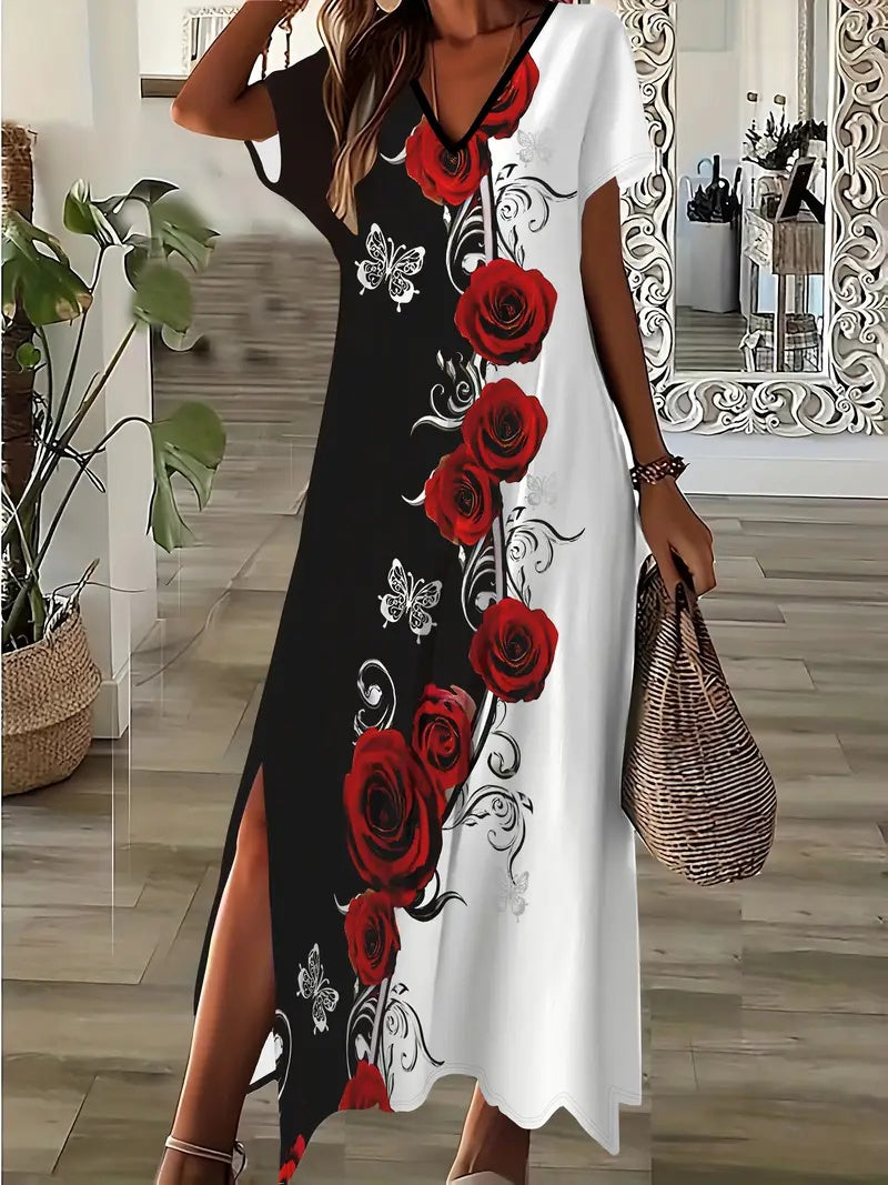Elegant Floral Print V-Neck Dress For Women