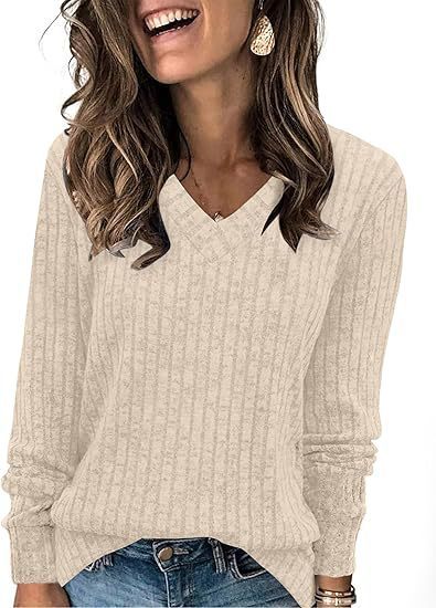 Top V-neck Long Sleeve Sunken Stripe Brushed T-shirt
