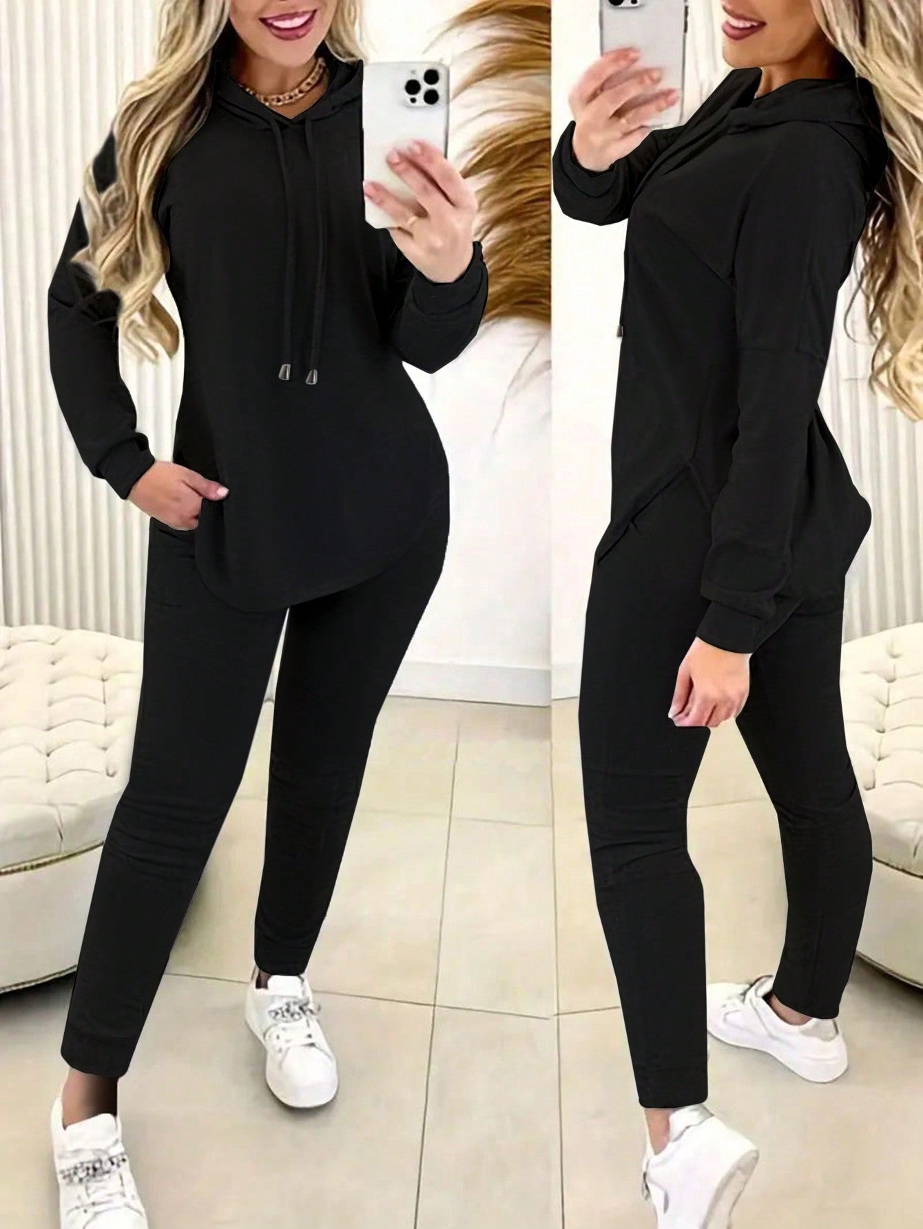 2pcs Set Women Solid Color Drawstring Hooded Long Sleeve Top And Pants Casual Suit