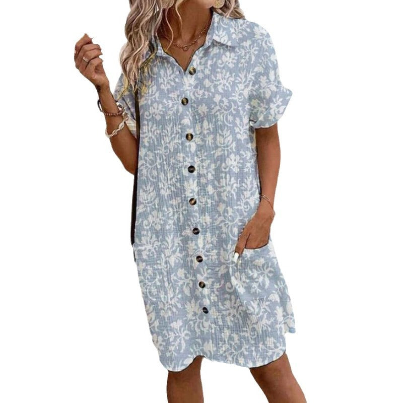 Leisure Printed Single-breasted Mid-length Short Sleeve Loose Casual Dress