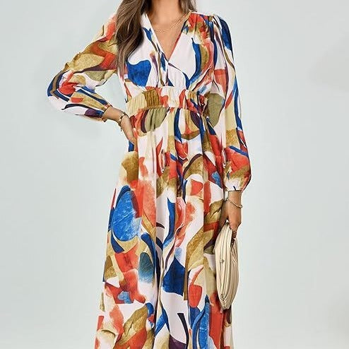Spring NEW Long Casual Long Sleeve V-neck Printed Beach Long Flowy Dress