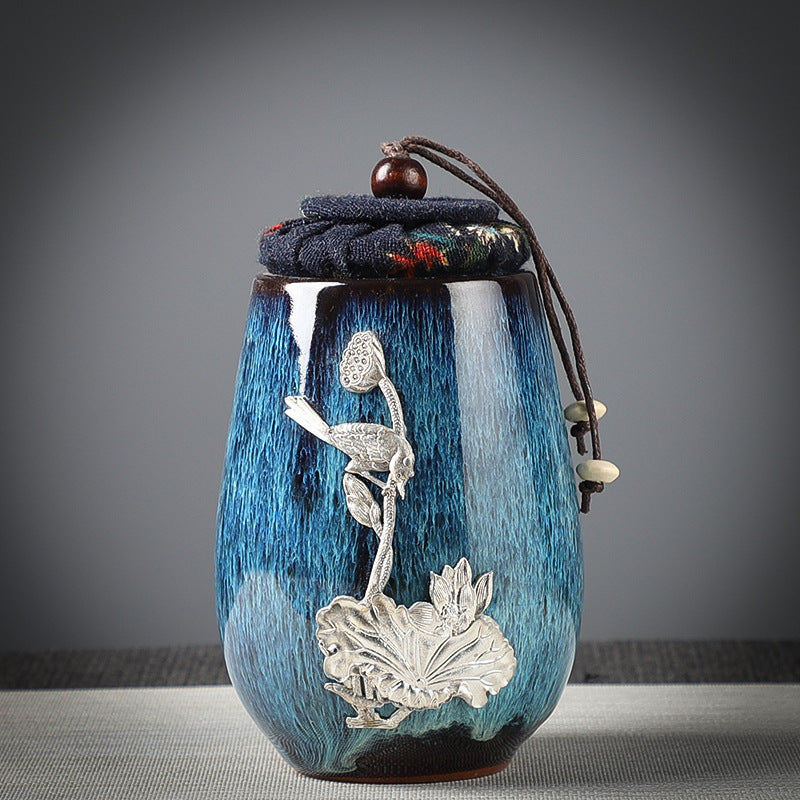 Ceramic Tea Sealed Jar With Inlaid Flowers