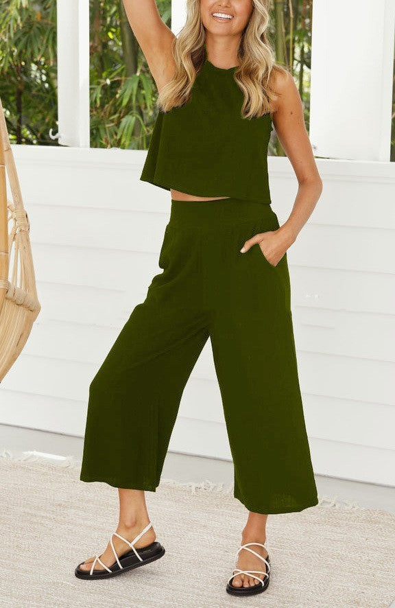 Casual Sleeveless Buckle Vest Cropped Double Pocket Wide Leg Pants Suit