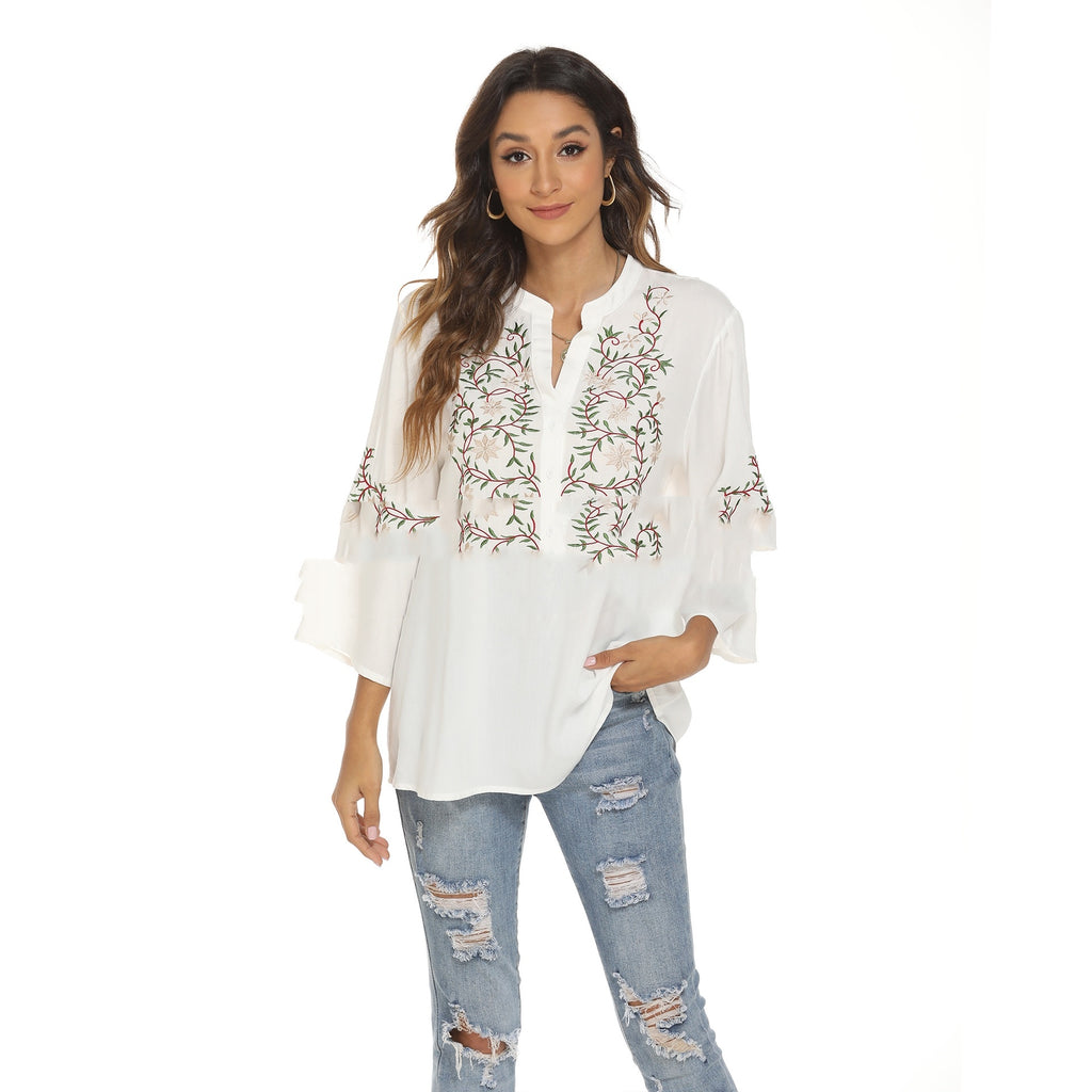 White Long Sleeved Embroidered Women's Top