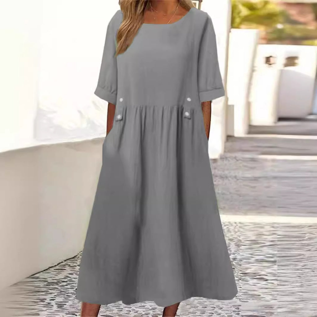 Plus Size Casual Round Neck Shirt With Half Sleeve Button Dress Women