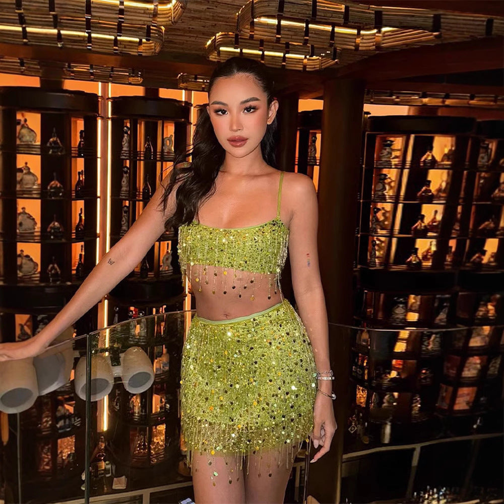 Tassel Sequins Crystal Beads Short Skirt Overall Dress Set
