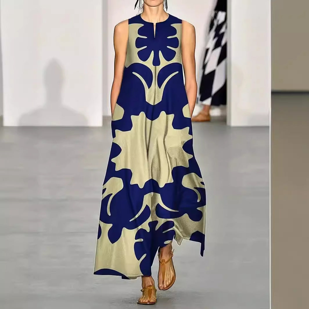 French Style Temperament Printed V-neck Printed Long Dress