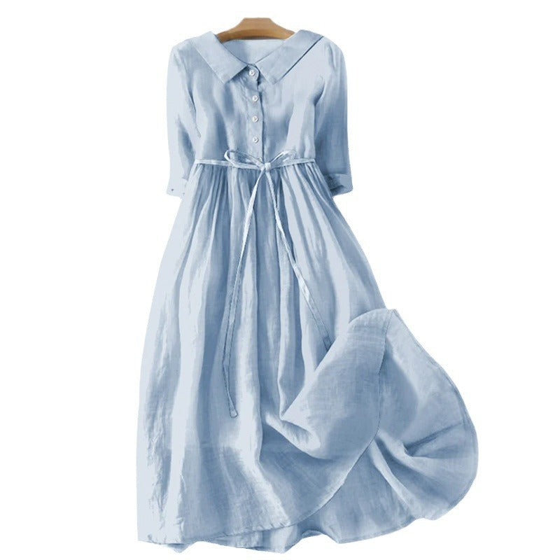 Women's French Retro Cotton And Linen Pleated Lace-up Skirt Dress