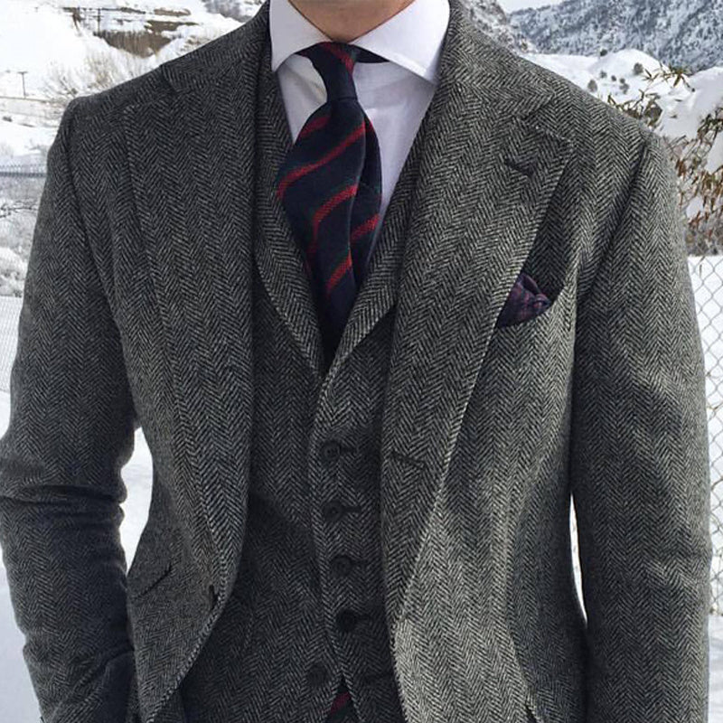 Men's Grey Wool Tweed Blazer Pant Set