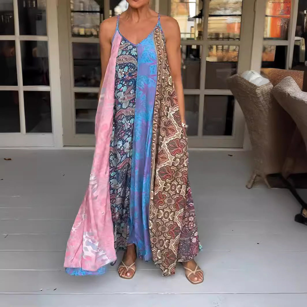 Multicolor Printing Multi-color Vacation Spaghetti Straps Long Skirt Large Swing Skirt