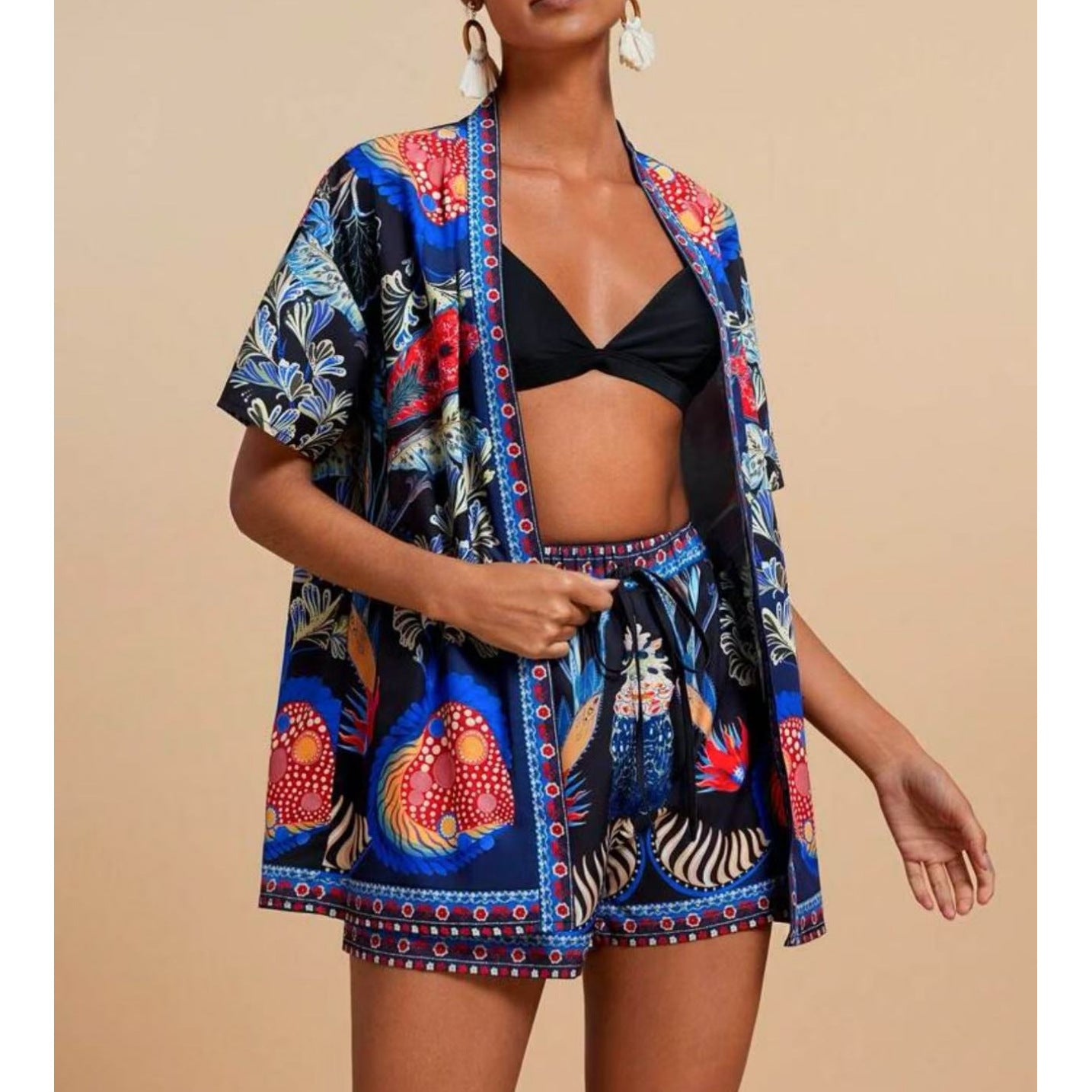 Fashion Casual Printing Cardigan Short Sleeve Shorts Suit