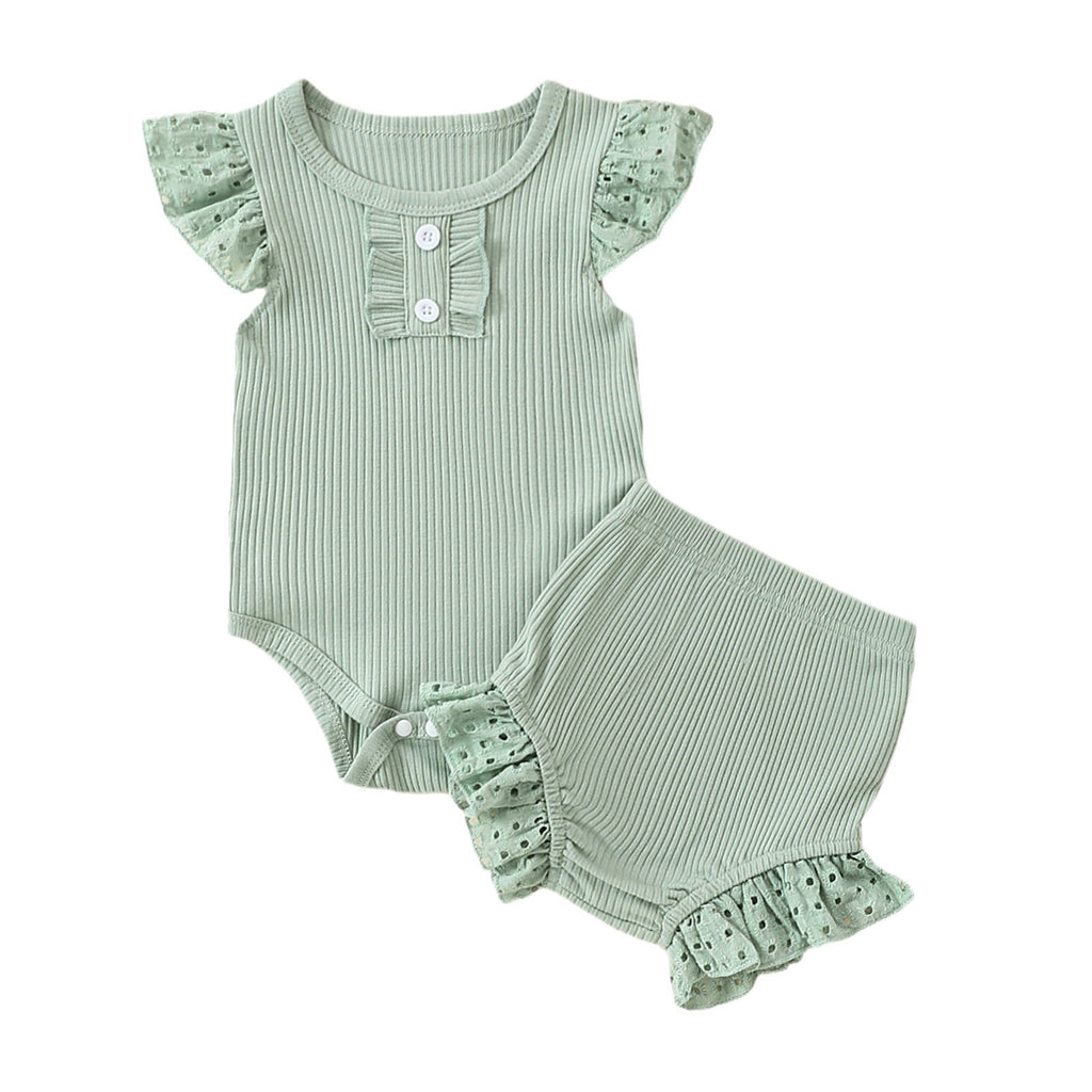 Girls' Flounced Sleeve Buttons Sunken Stripe Cotton Shorts Suit