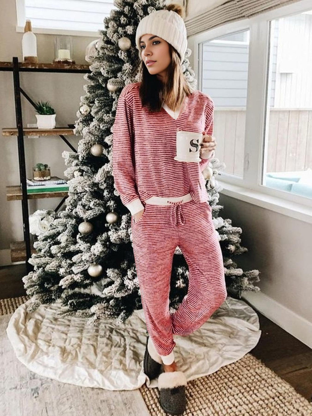 Striped Color Contrast Patchwork V-neck Long Sleeve Trousers Suit