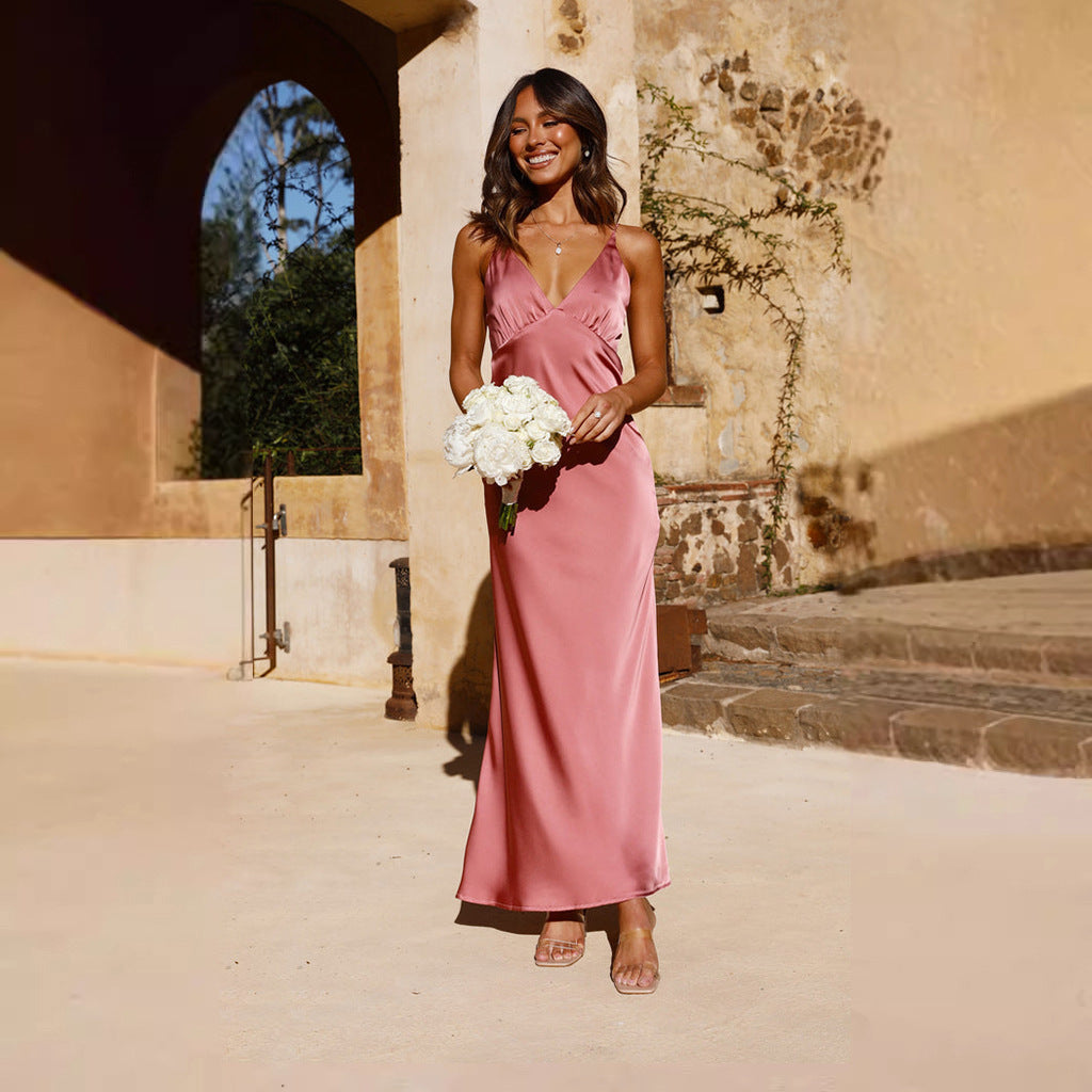 Fashion Sexy Long V-neck Sleeveless Split Backless Sling Dress