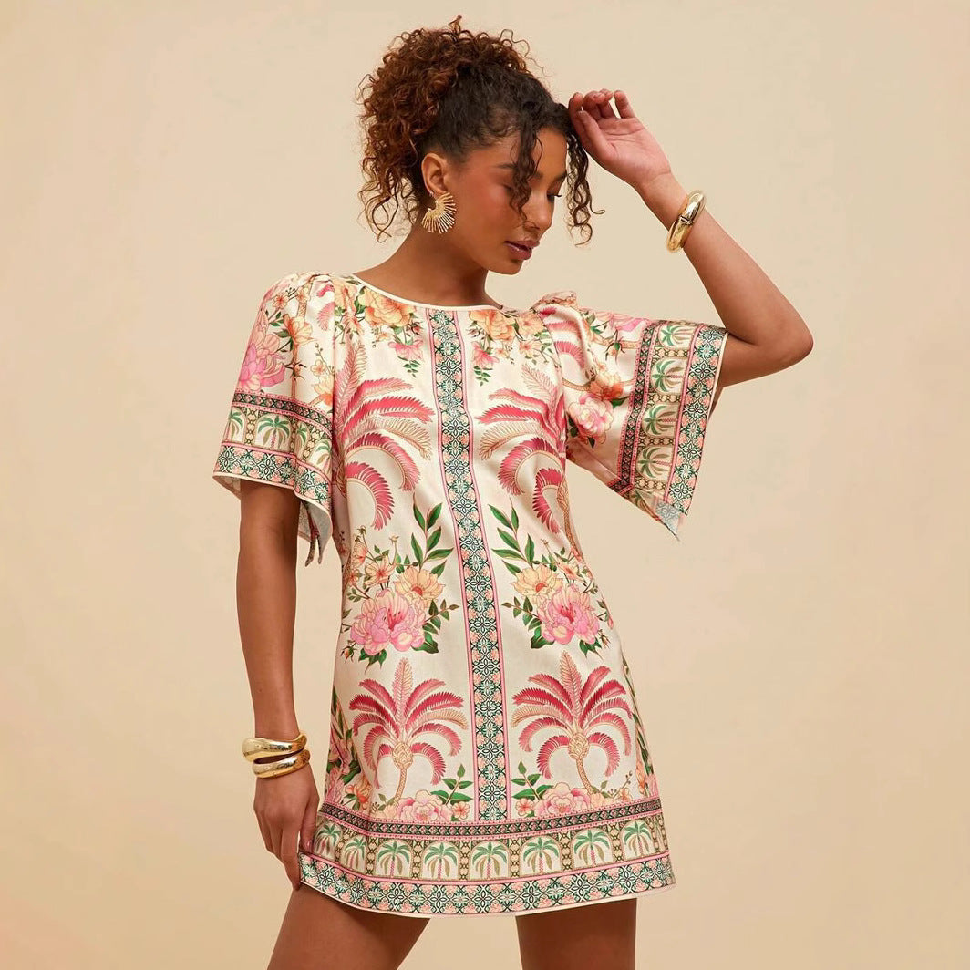 Fashion Retro Crew Neck Horn Printing Dress