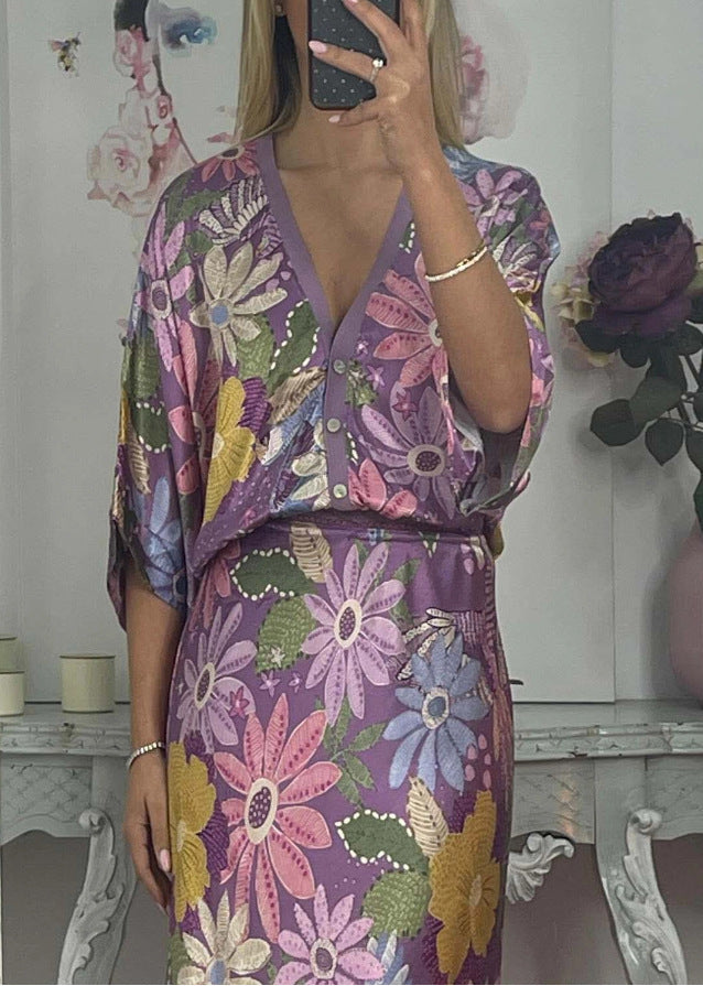 Elegant Home Satin Printed Short Sleeve Wrapped Skirt