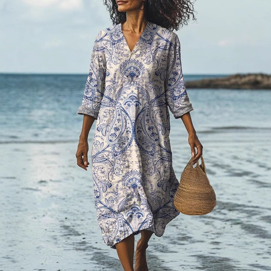 Beach Vacation Digital Printing V-neck Dress Seaside