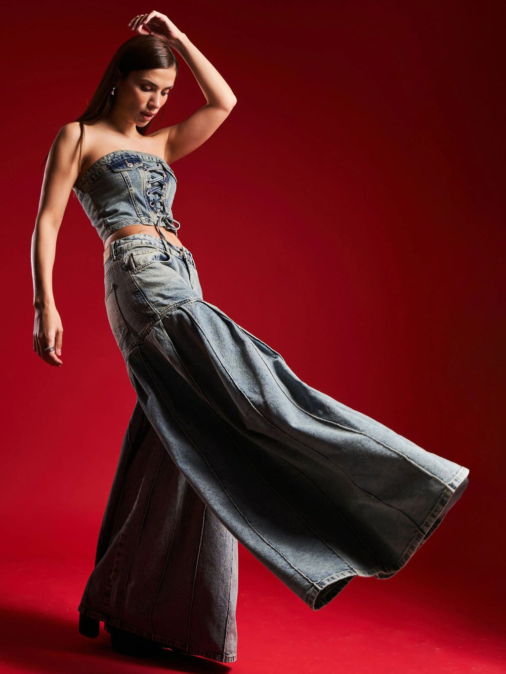 Strapless Denim Corset Crop Top & High - Waisted Pleated  Wide - Leg Pants Set