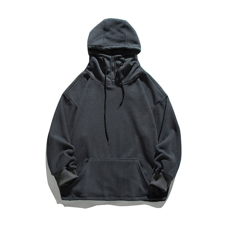 Solid Color Polar Fleece Hooded Sweater Retro Stitching Embroidery Hoodie