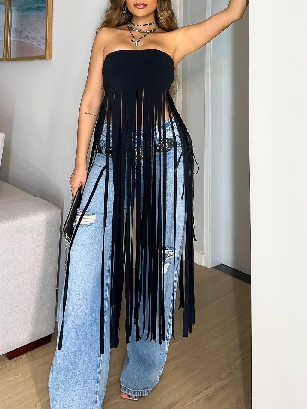 Black Bandeau Fringe Top