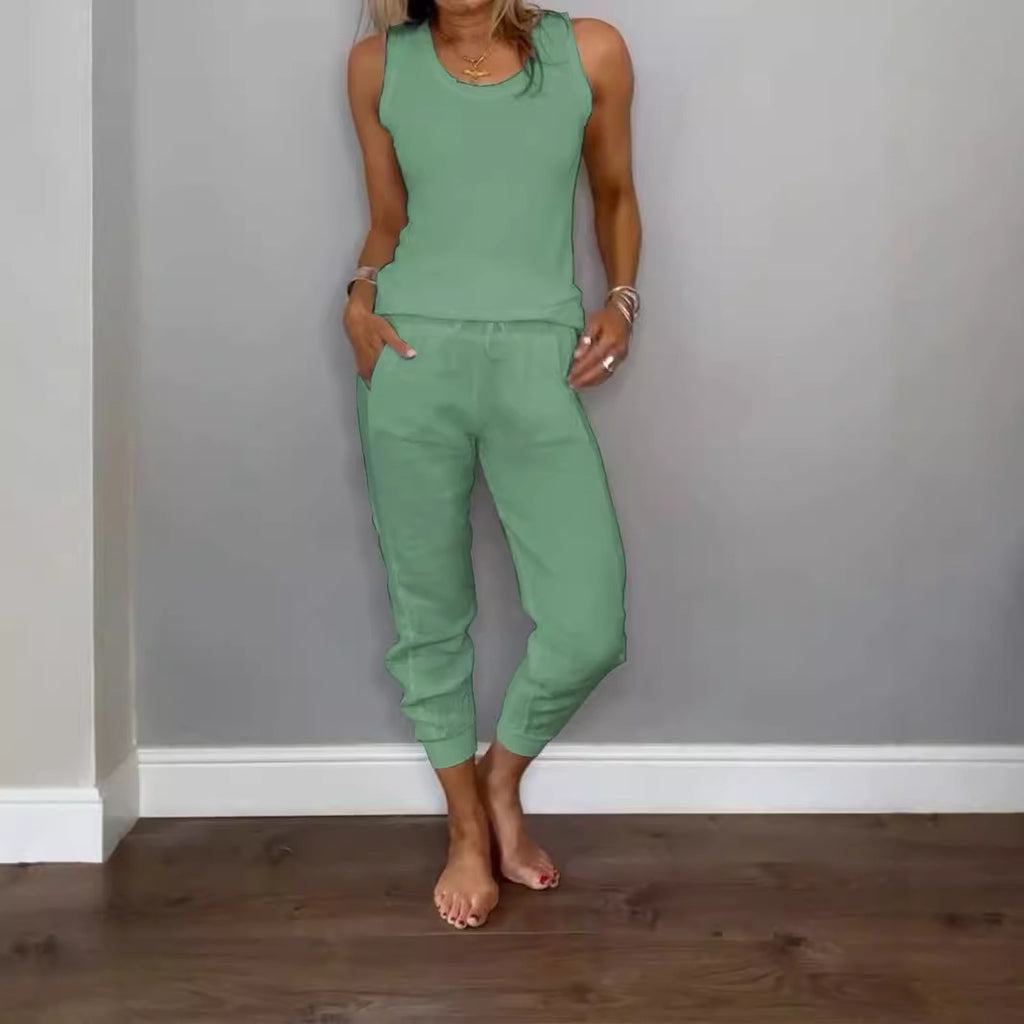 Cotton Linen Vest Drawstring Casual Pants Suit