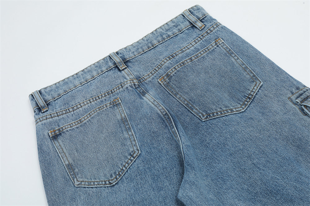 American Retro Multi-pocket Distressed Straight Cargo Pants Men