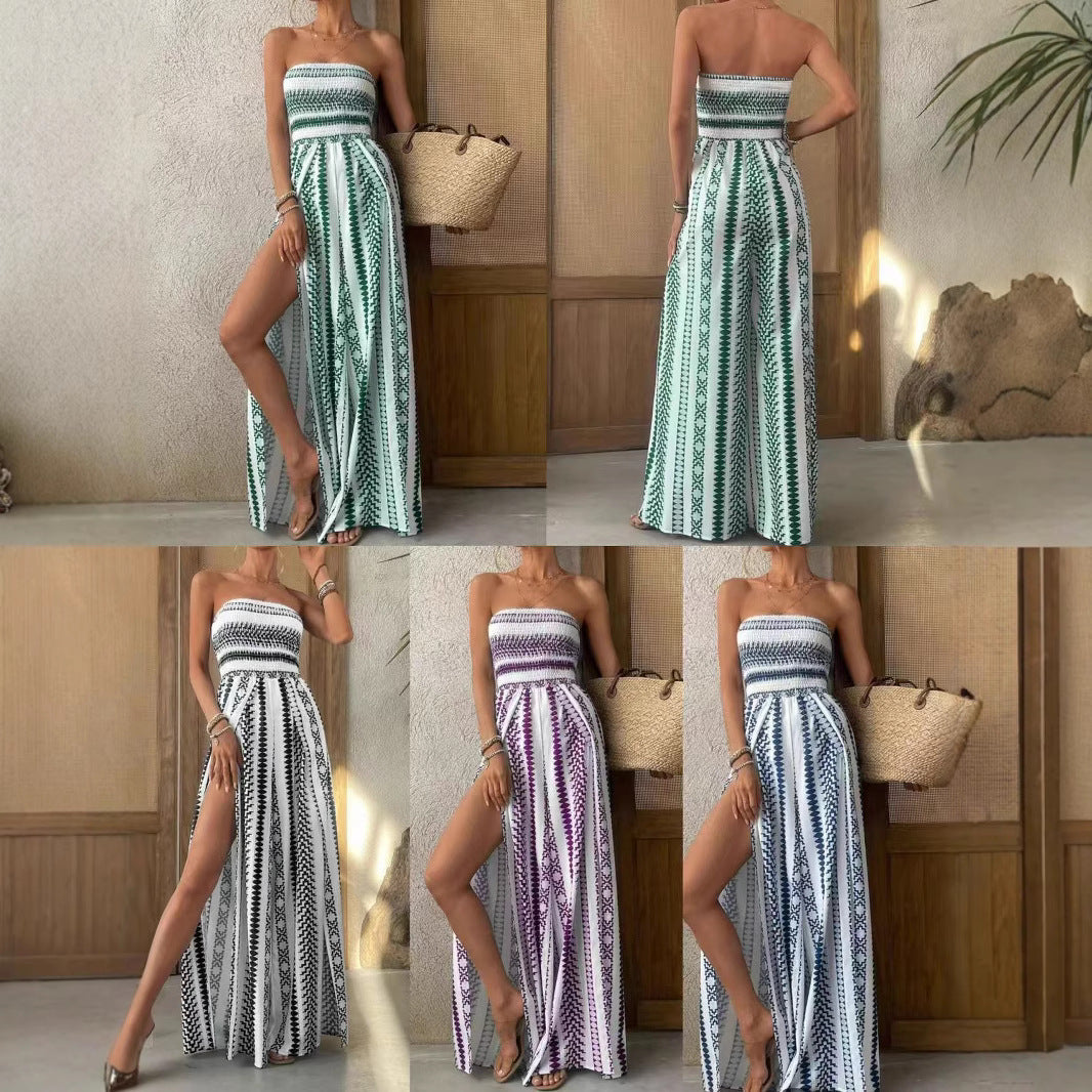 Fashion Printing Stylish Tube Top Split Jumpsuit