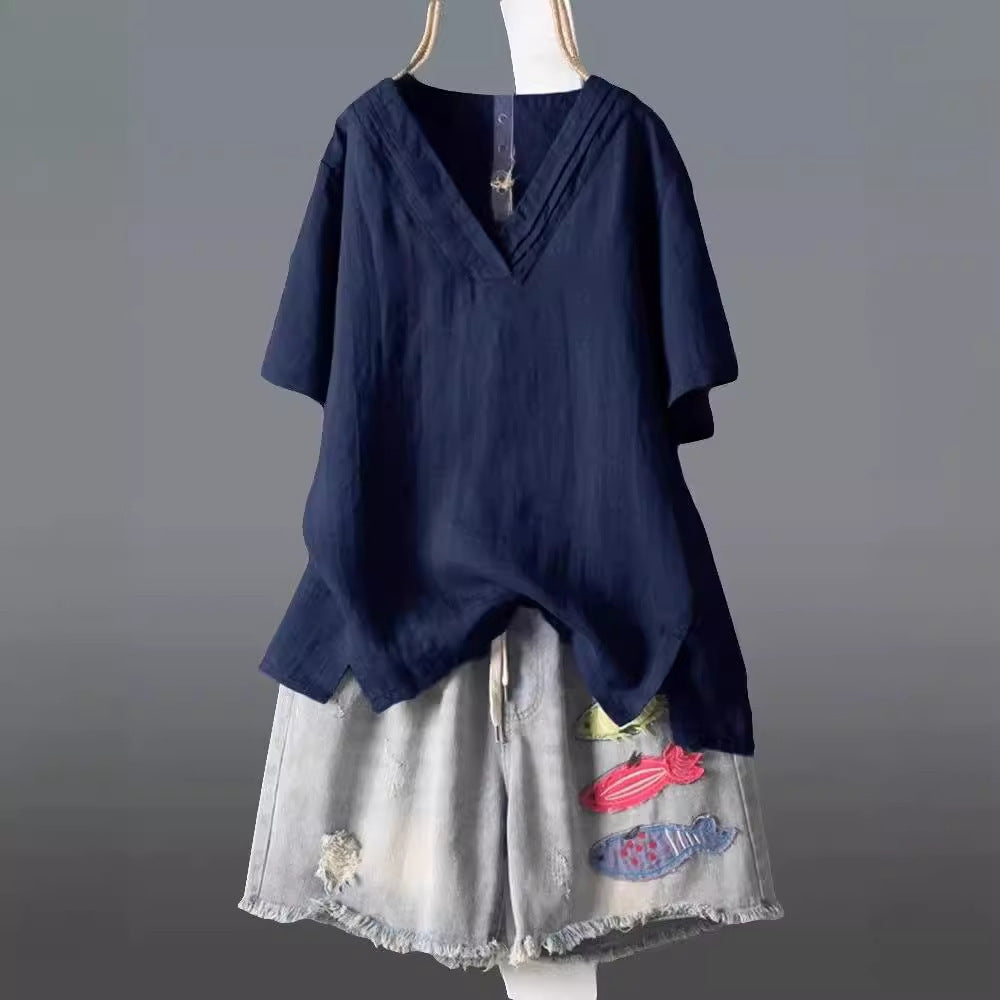 Loose Plus Size Embroidered Summer Short Sleeve