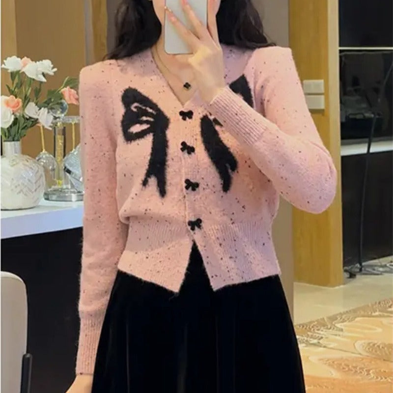 V-neck Bowknot Knitted Sweater Long Sleeve Sweater