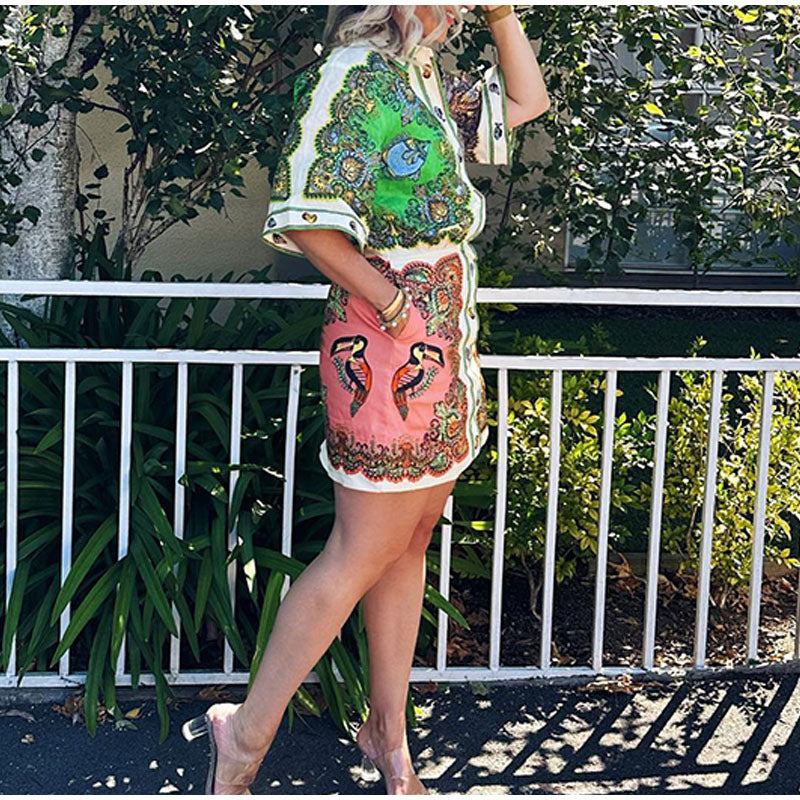 European And American Lapel Single Breasted Printed Long Sleeve Casual Dress