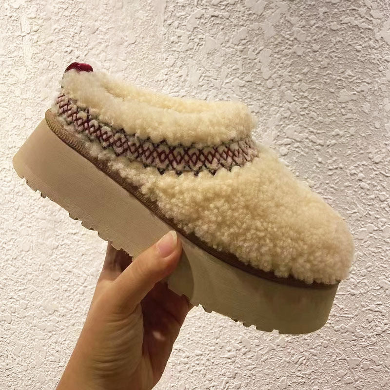 Thick Bottom Increased Closed Toe Fluffy Slippers Wear Velvet Thermal Non-slip Cotton Shoes