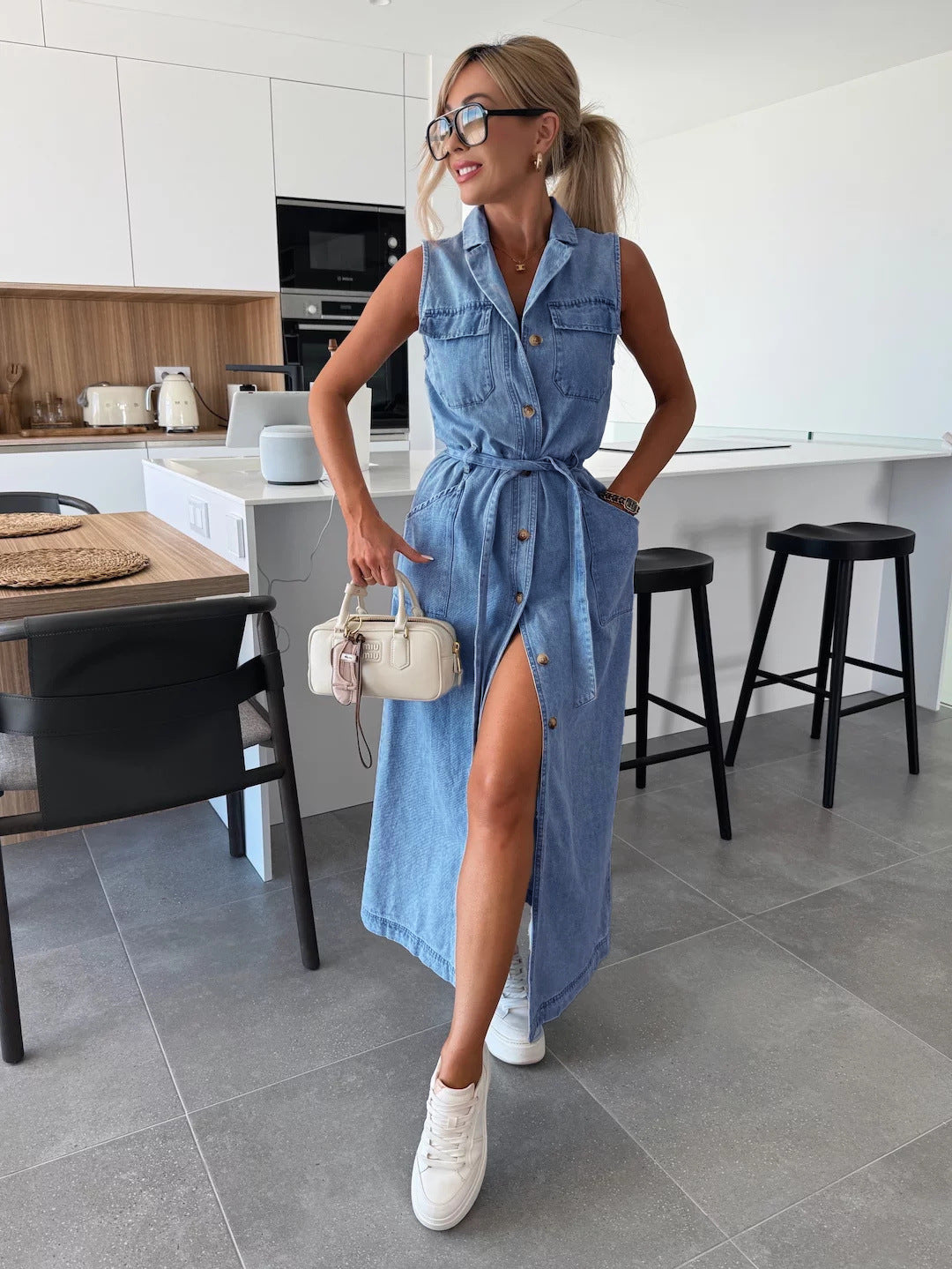 New Sleeveless Long Tie Waist-tight Single-breasted Denim Dress
